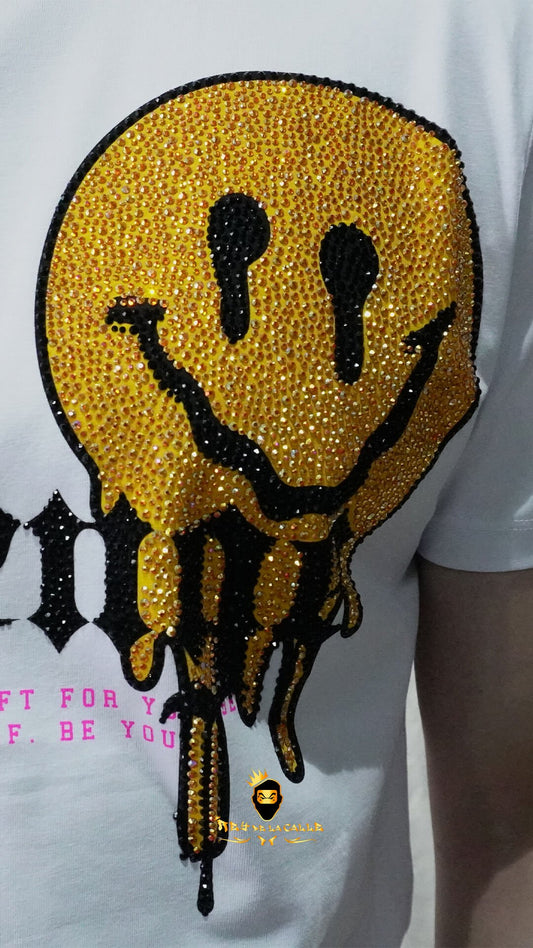 Camiseta Left Point Blanca Pedrería Brillante Emoticon - Rey De La Calle