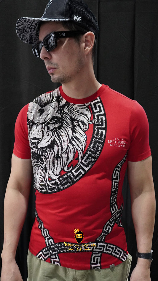 Camiseta Left Point Roja Pedrería Brillante Circulo León - Rey De La Calle