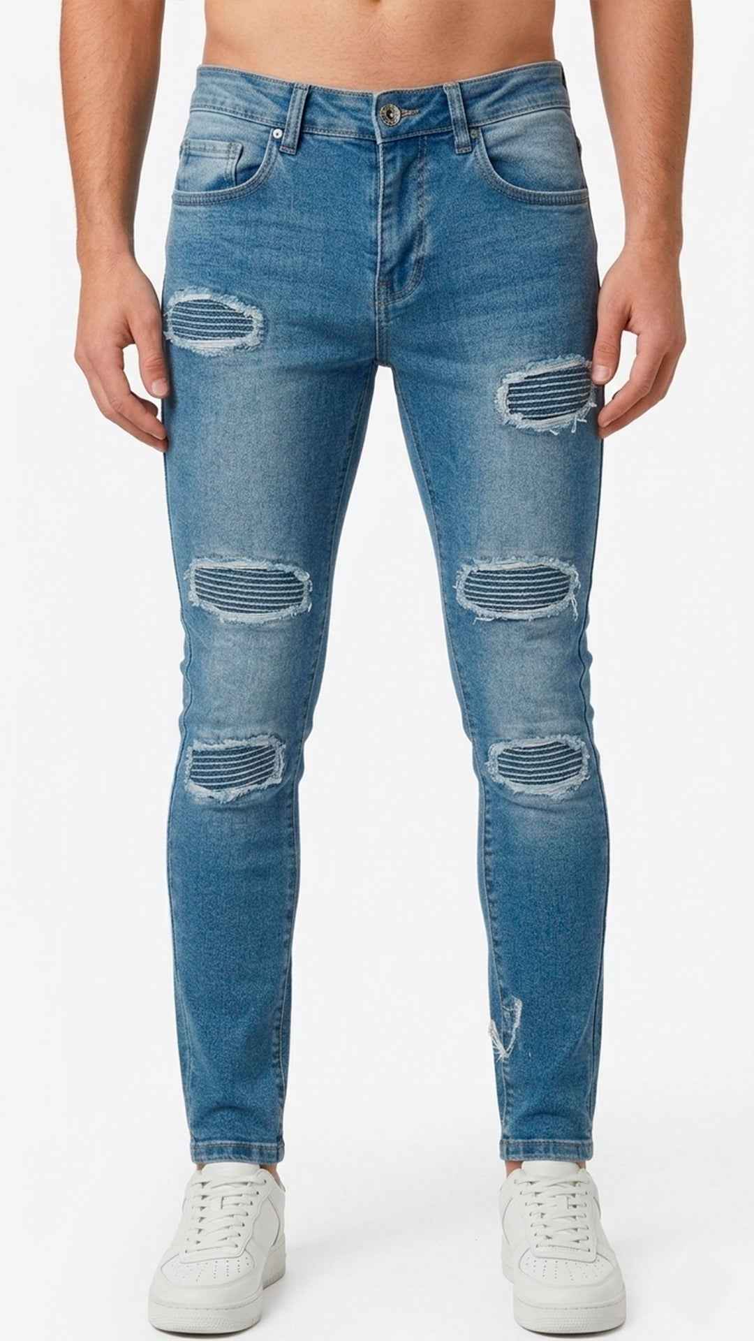 Pantalón Vaquero Azul Claro con Parches Acolchados Tipo Biker Skinny Fit – En Oferta