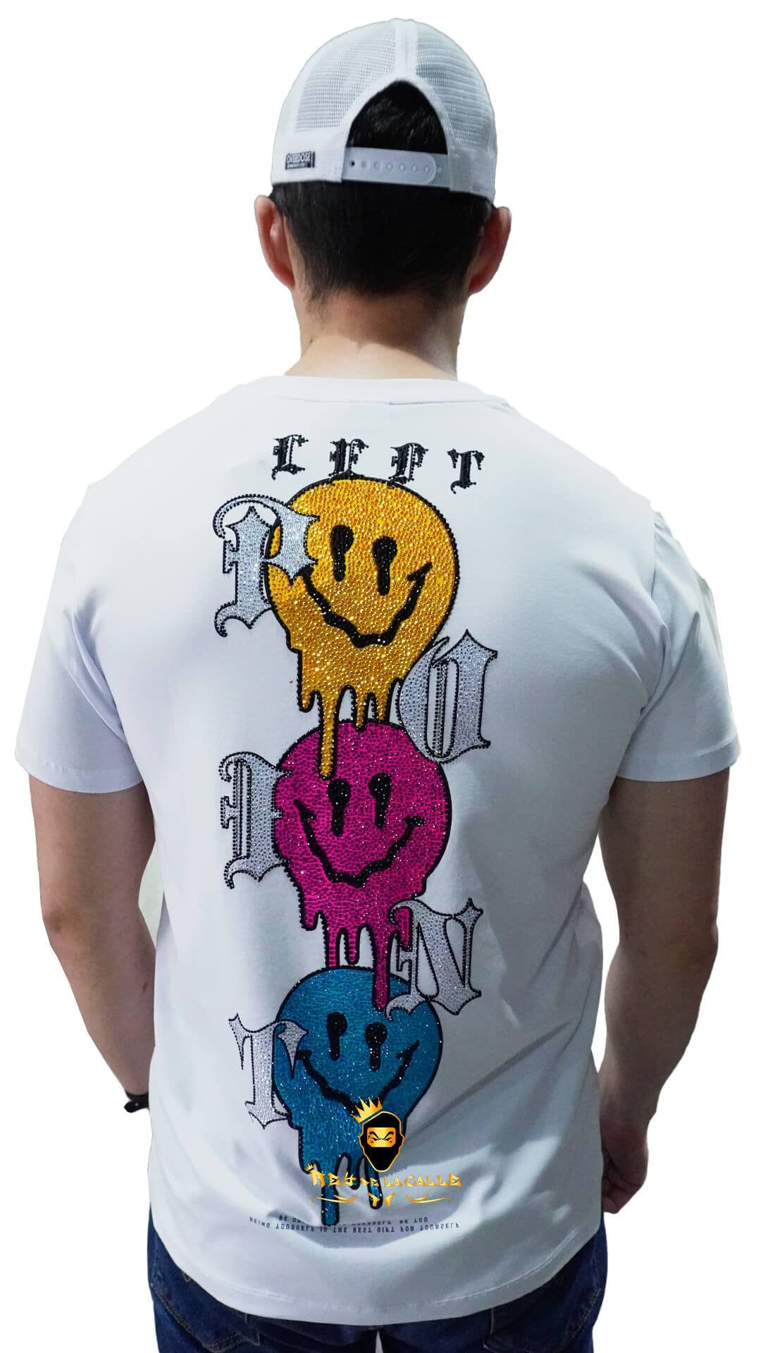 Camiseta Left Point Blanca Pedrería Brillante Emoticon - Rey De La Calle