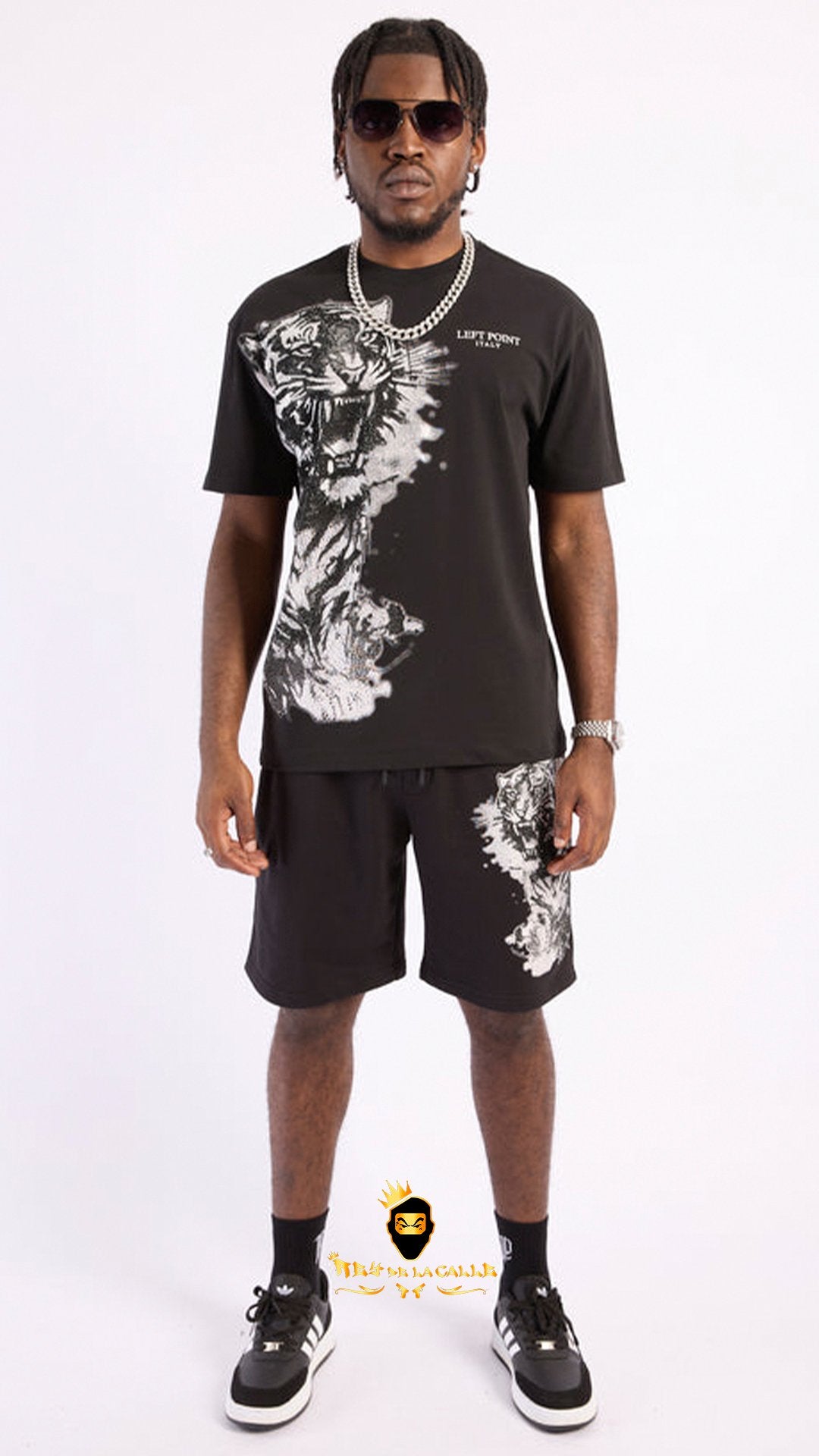 Conjunto Left Point Negro Pedrería Brillante Tigre - Rey De La Calle