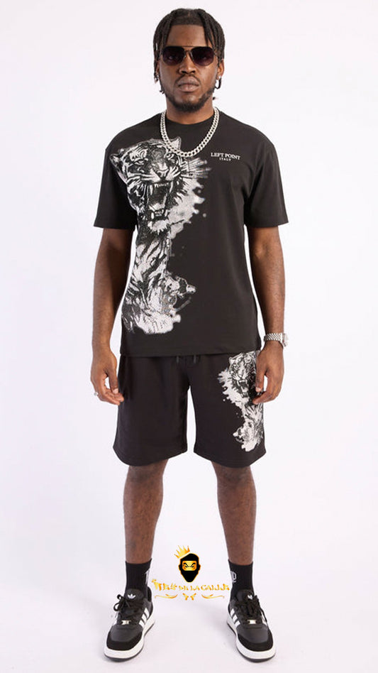 Conjunto Left Point Negro Pedrería Brillante Tigre - Rey De La Calle