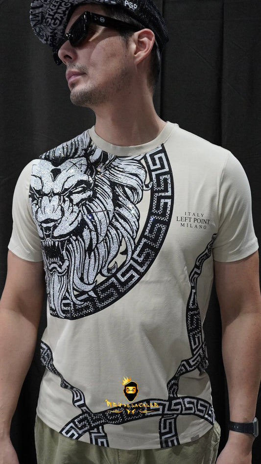 Camiseta Left Point Beige Pedrería Brillante Circulo León - Rey De La Calle
