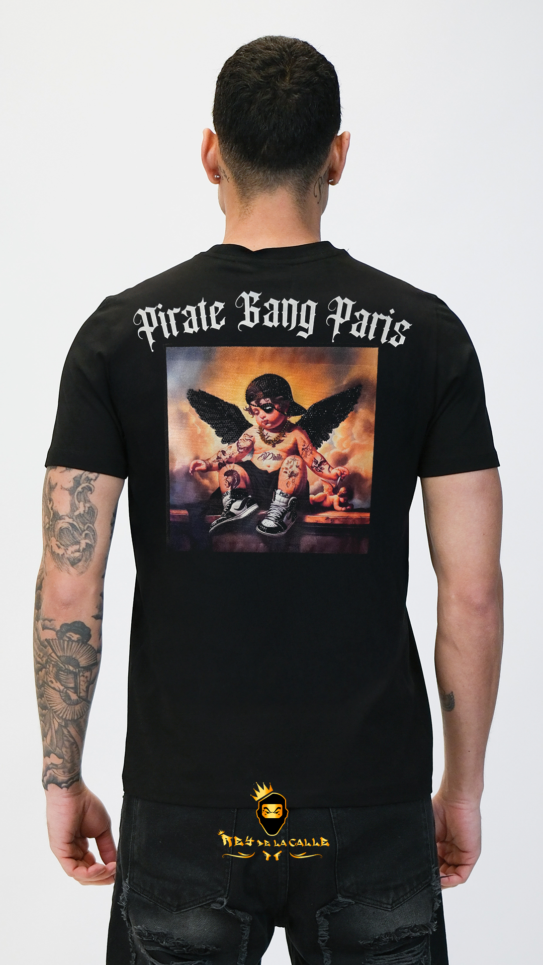 Camiseta Pirate Gang París Negra Terciopelo y Pedrería Brillante Angel - Rey De La Calle