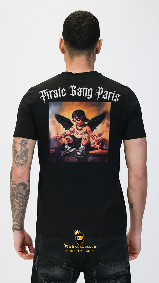 Camiseta Pirate Gang París Negra Terciopelo y Pedrería Brillante Angel - Rey De La Calle