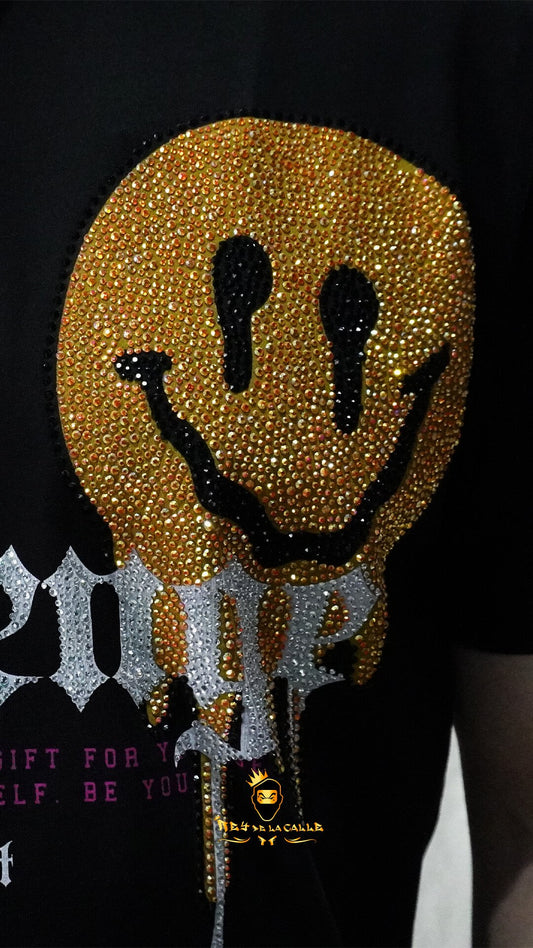 Camiseta Left Point Negra Pedrería Brillante Emoticons - Rey De La Calle