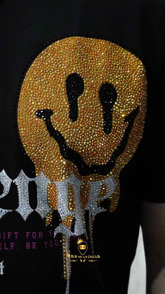 Camiseta Left Point Negra Pedrería Brillante Emoticons