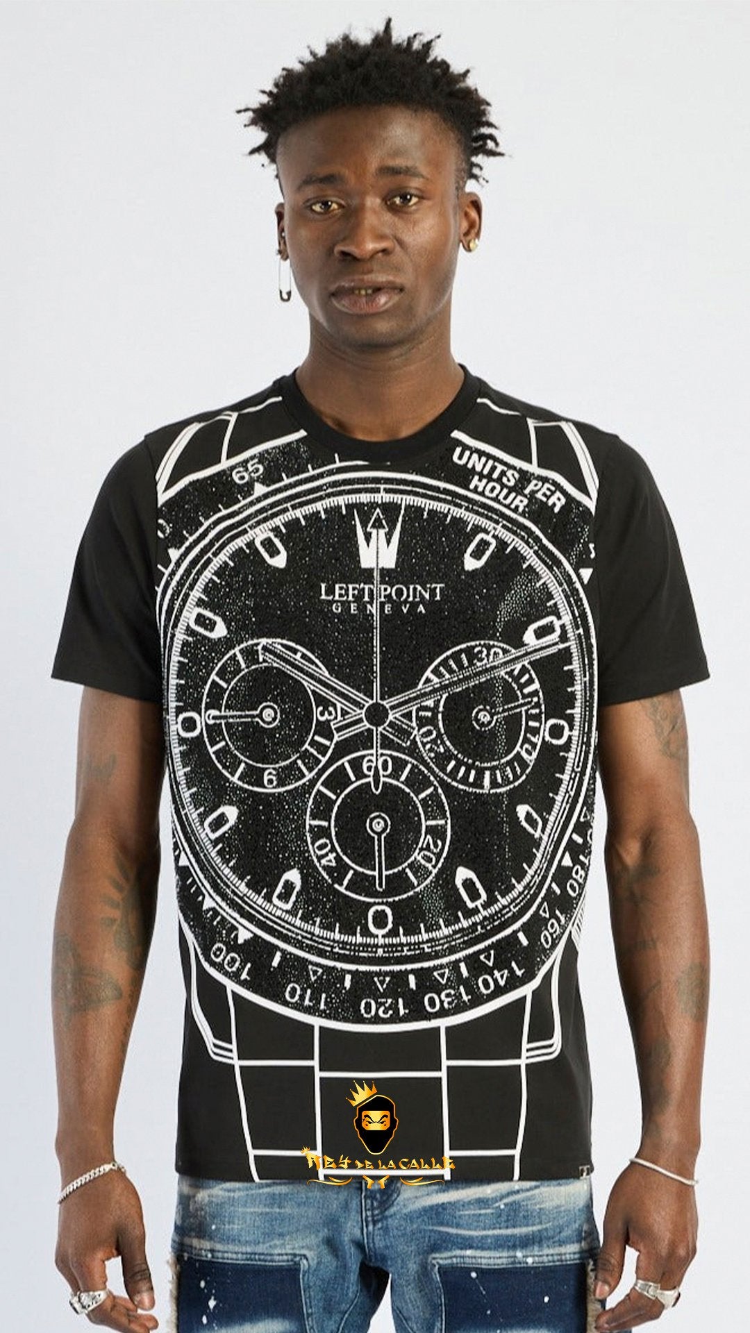 Camiseta Left Point Negra Pedrería Brillante Reloj - Rey De La Calle