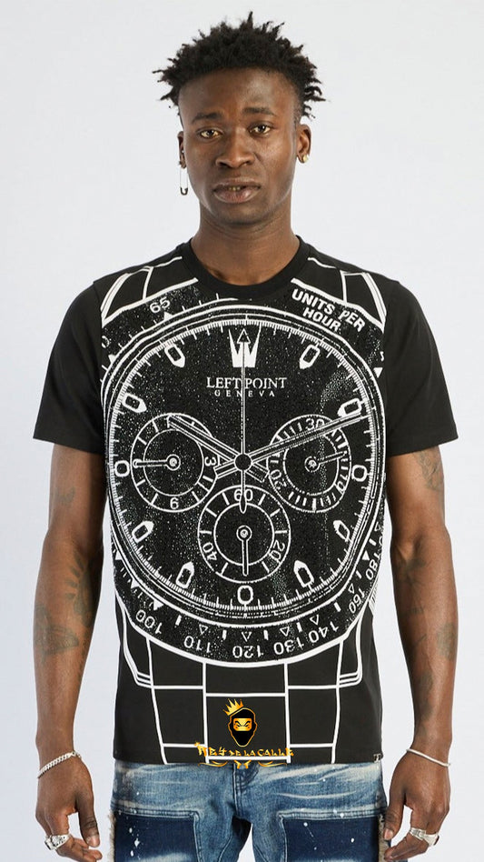 Camiseta Left Point Negra Pedrería Brillante Reloj - Rey De La Calle