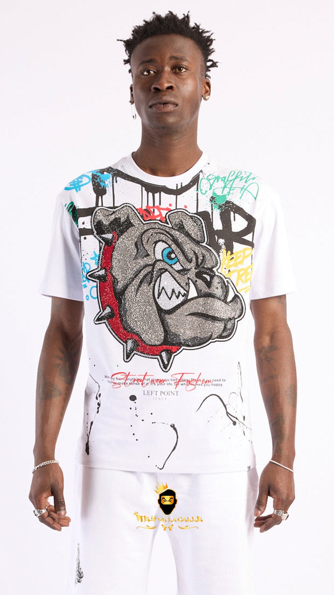 Camiseta Left Point Blanca Pedrería Brillante Bulldog - Rey De La Calle