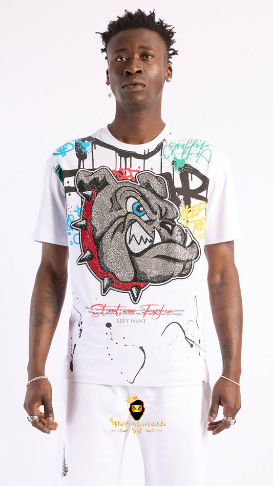 Camiseta Left Point Blanca Pedrería Brillante Bulldog - Rey De La Calle