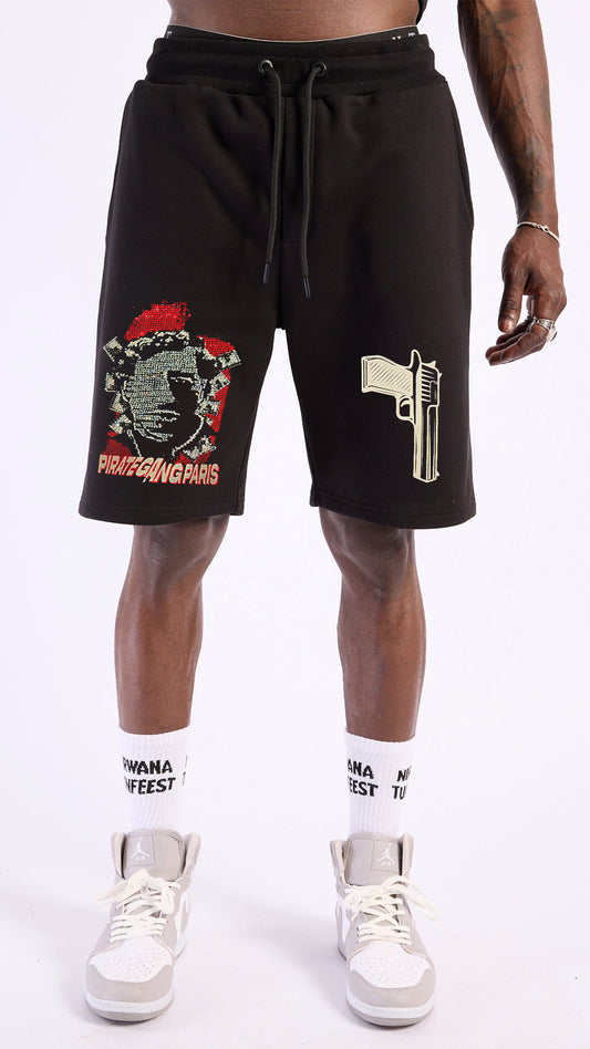 Conjunto Urbano Pirate Gang Paris El Patrón Camiseta y Short Plata o Plomo con Pedrería Rey De La Calle