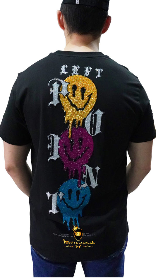 Camiseta Left Point Negra Pedrería Brillante Emoticons - Rey De La Calle