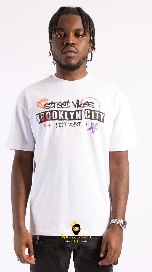 Camiseta Left Point Blanca Terciopelo y Pedrería Brillante Street Vibes - Rey De La Calle