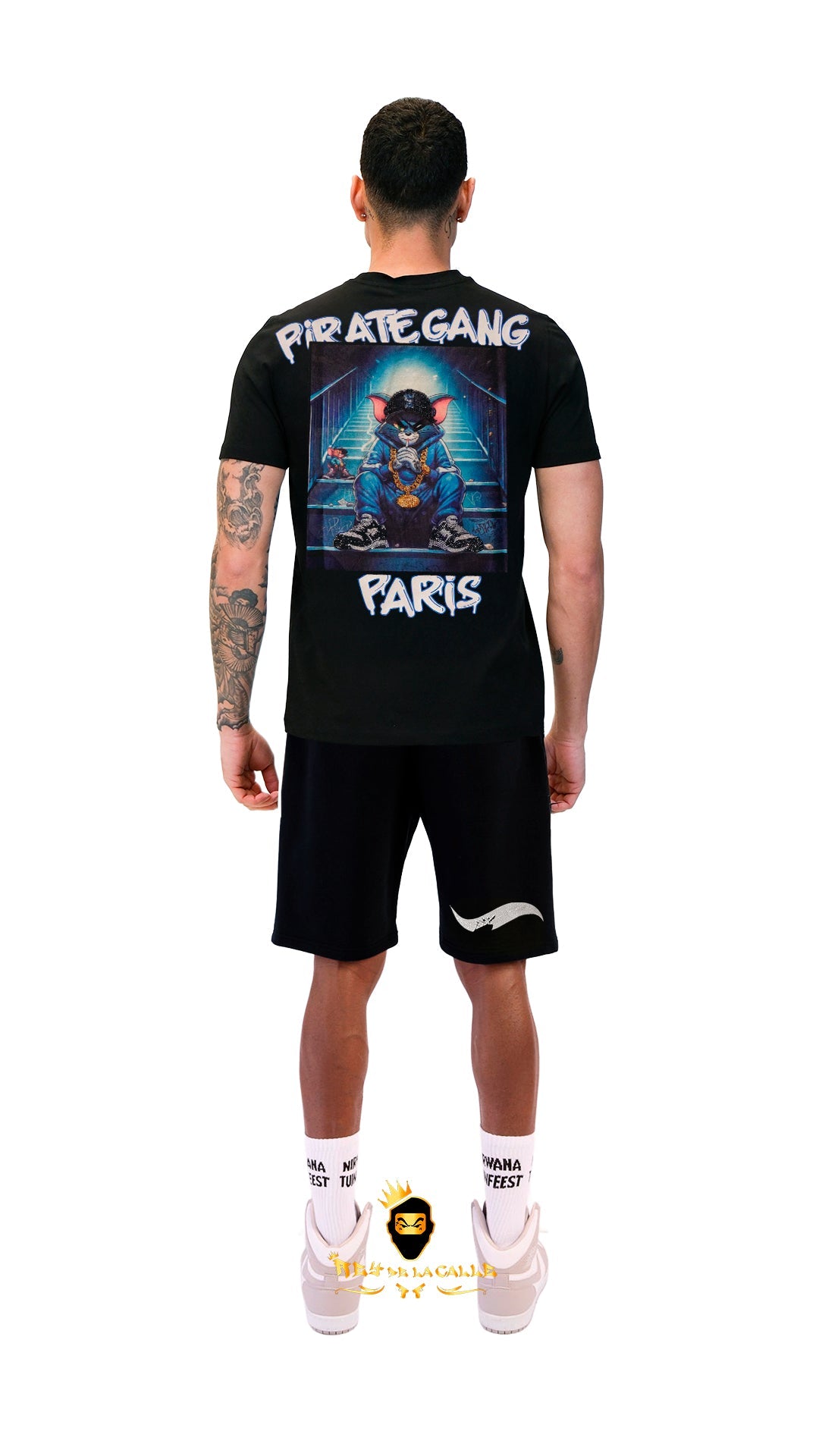 Conjunto. Camisetas o pantalon corto Pirate Gang Paris Negra Terciopelo y Pedrería Brillante Gato Tom Rey De La Calle