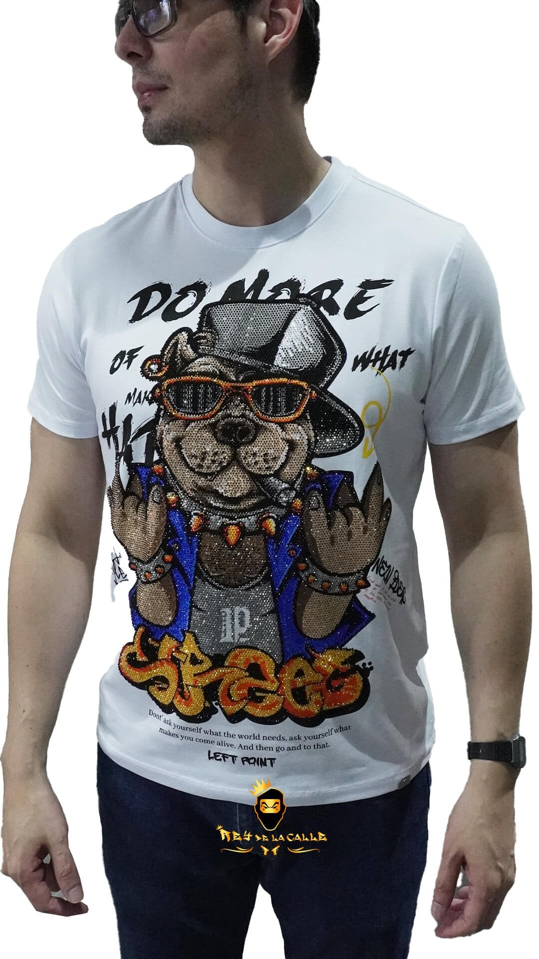 Camiseta Left Point Blanca Pedrería Brillante Perro Street - Rey De La Calle