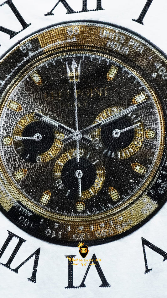 Camiseta Left Point Blanca Pedrería Brillante Reloj Dorado - Rey De La Calle