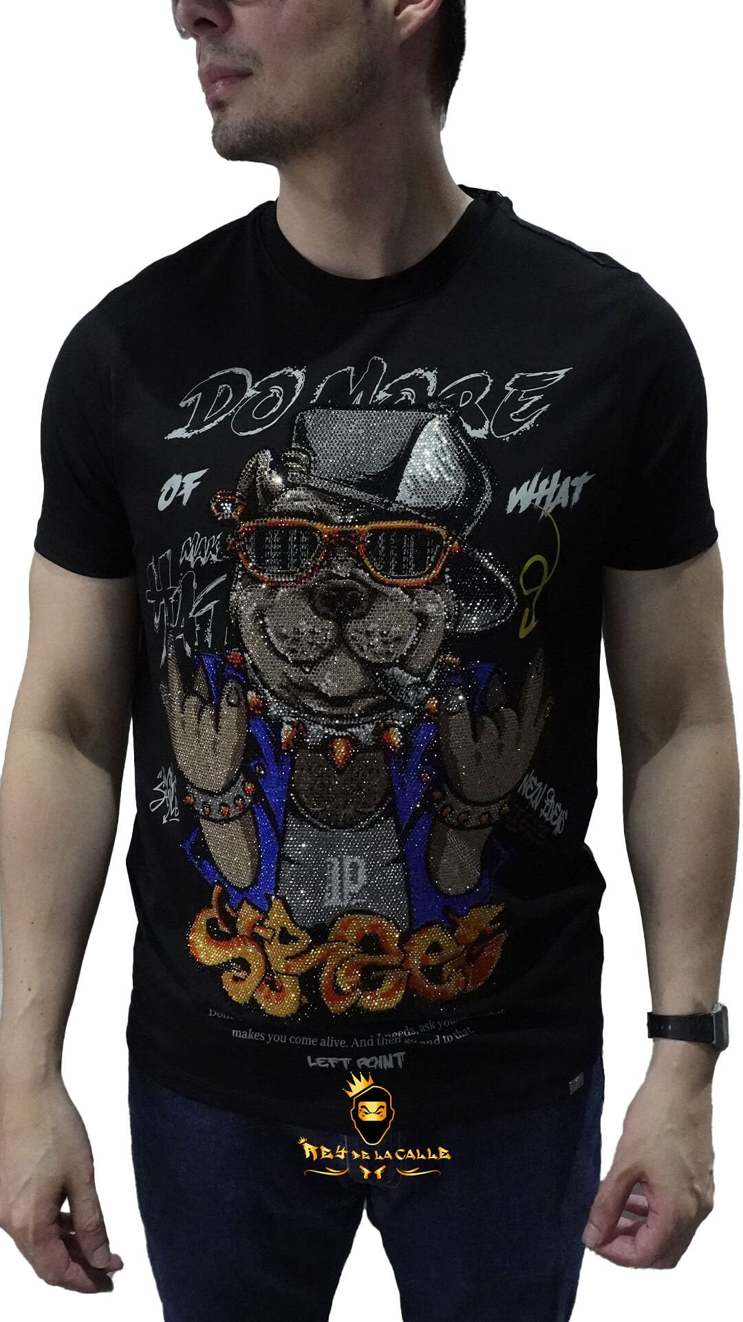 Camiseta Left Point Negra Pedrería Brillante Perro Street - Rey De La Calle