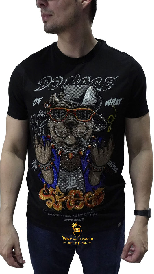 Camiseta Left Point Negra Pedrería Brillante Perro Street - Rey De La Calle