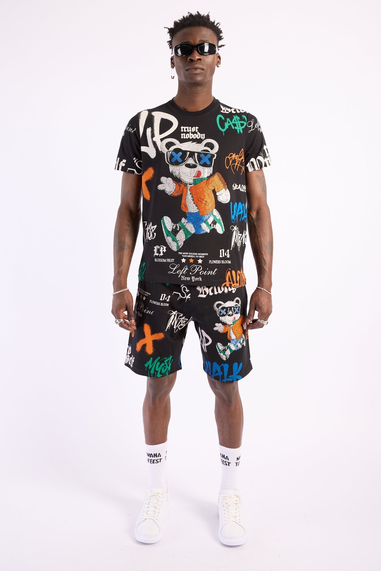 Conjunto Left Point Blanco Pedrería Brillante Oso Trust Nobody Rey De La Calle