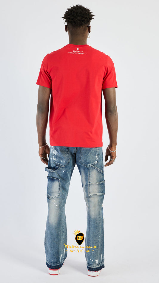 Camiseta Roja de Lujo Left Point - Calavera con Patrón Floral y Pedrería Oscura Rey De La Calle