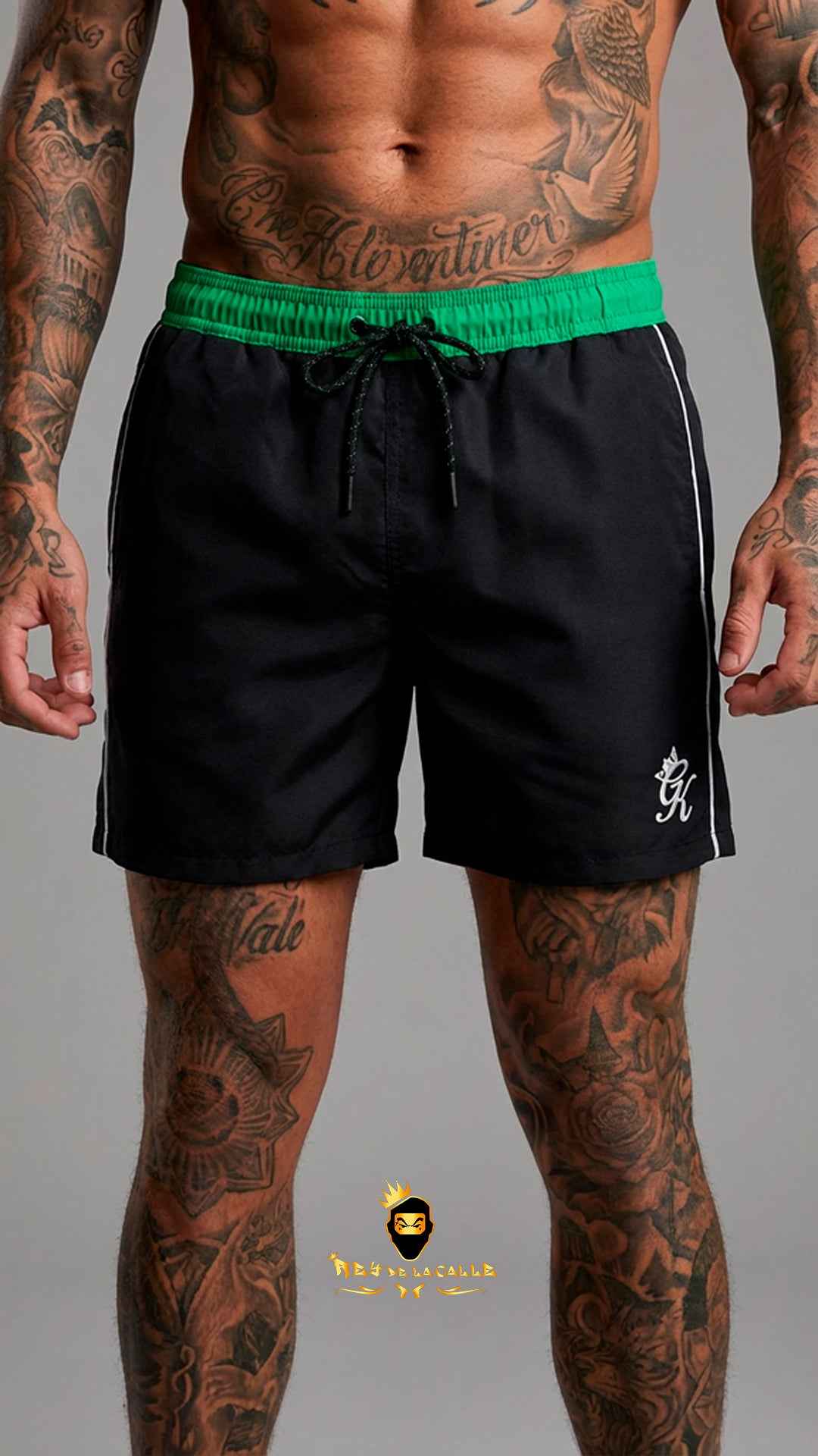 Bañador Negro Gym King con Cintura Elástica Verde y Ribete Blanco