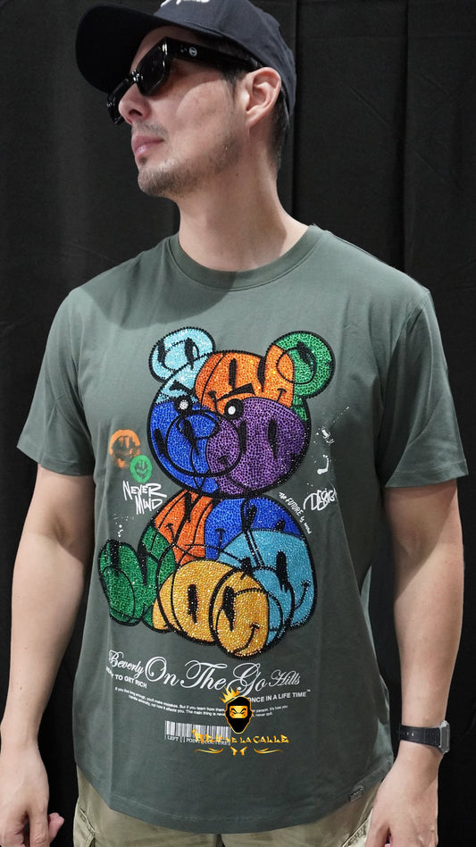 Camiseta Left Point Verde Pedrería Brillante Oso Colorido - Rey De La Calle