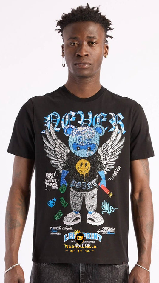 Camiseta Left Point Negra Pedrería Brillante Oso Ángel Azul - Rey De La Calle
