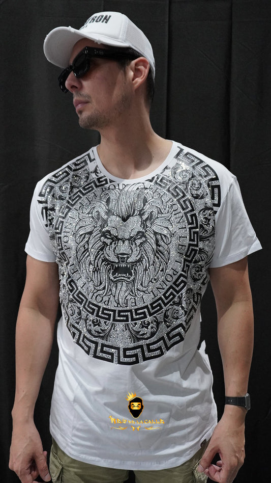 Camiseta Left Point Blanca Pedrería Brillante Sello León - Rey De La Calle