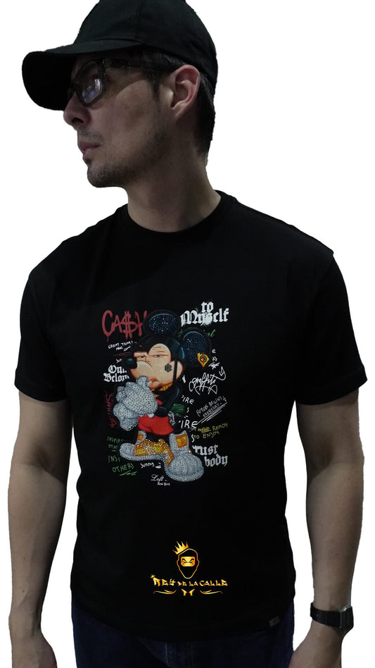 Camiseta Left Point Negra Terciopelo y Pedreria Brillante Mickey - Rey De La Calle
