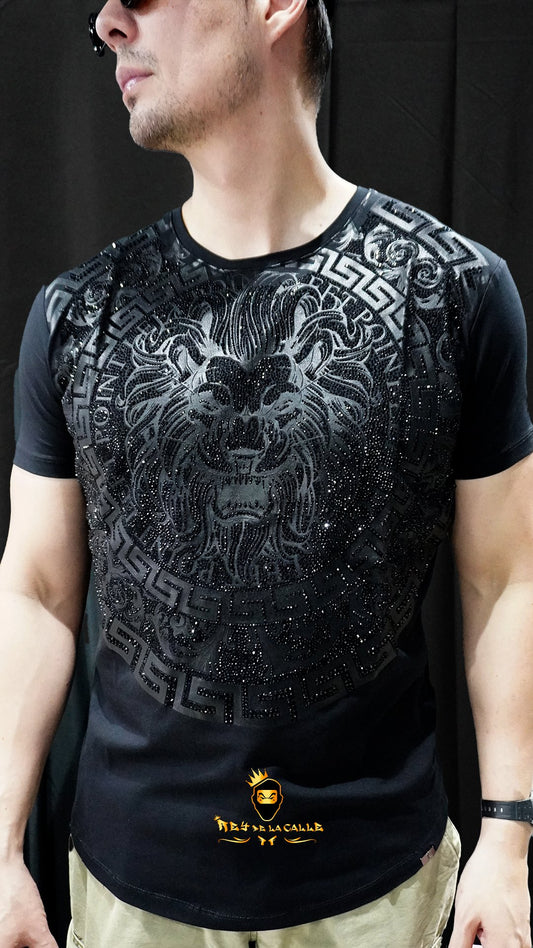 Camiseta Left Point Negra Pedrería Brillante Sello León - Rey De La Calle