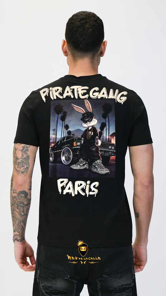 Camiseta Pirate Gang París Negra Terciopelo y Pedrería Brillante Bugs Bunny - Rey De La Calle