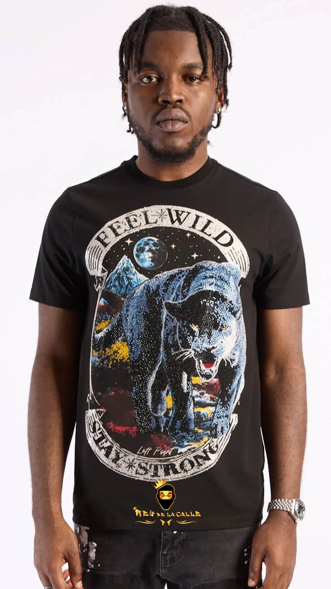 Camiseta Left Point Negra Pedrería Brillante Pantera Feel Wild - Rey De La Calle