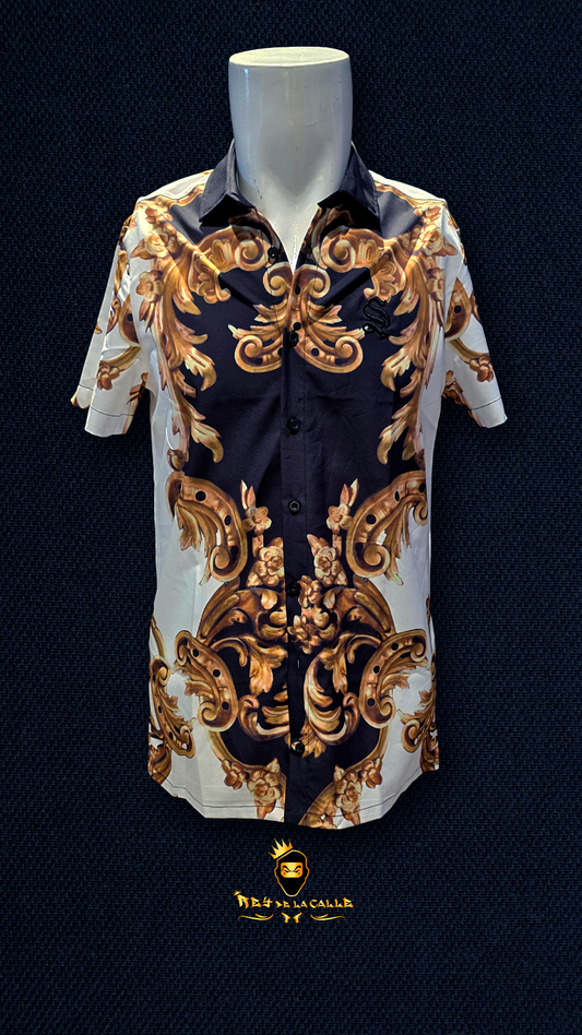 Camisa Blanca Sinner Sattire Negro con Dorado Rey De La Calle