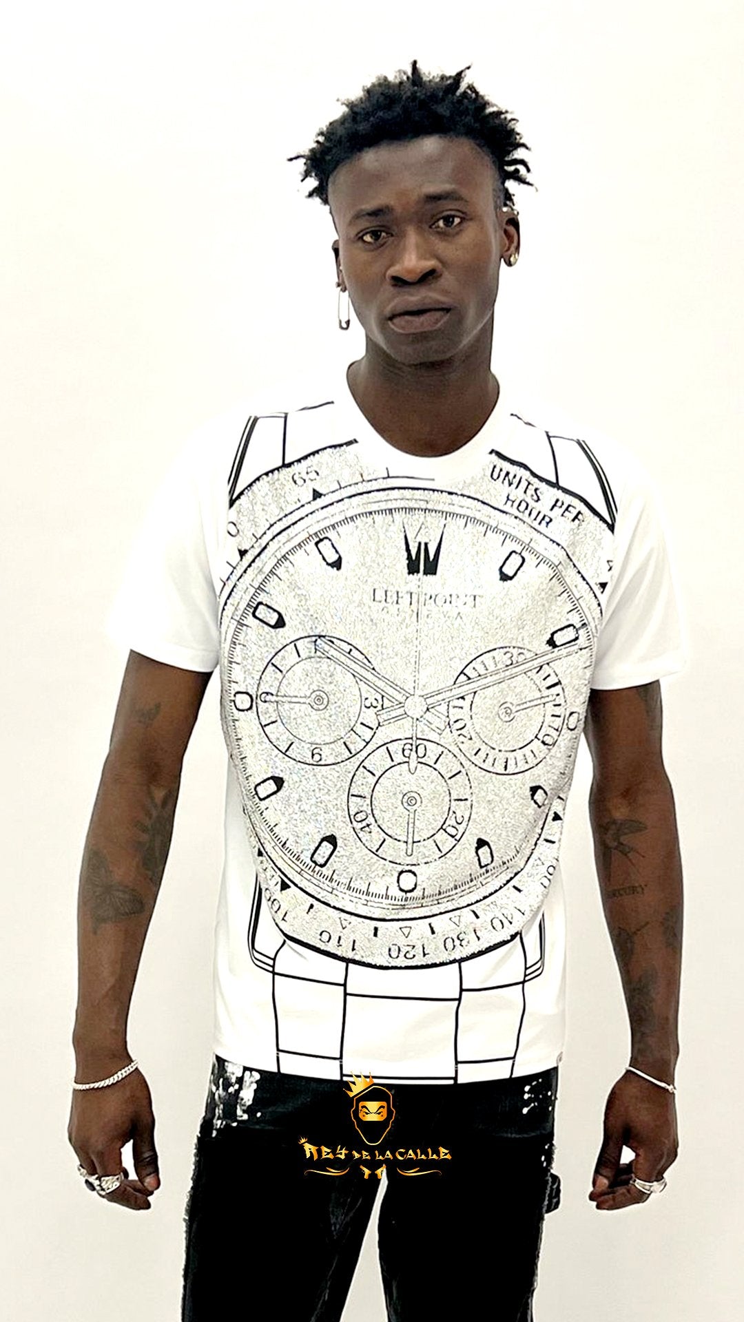 Camiseta Left Point Blanca Pedrería Brillante Reloj Delantero - Rey De La Calle