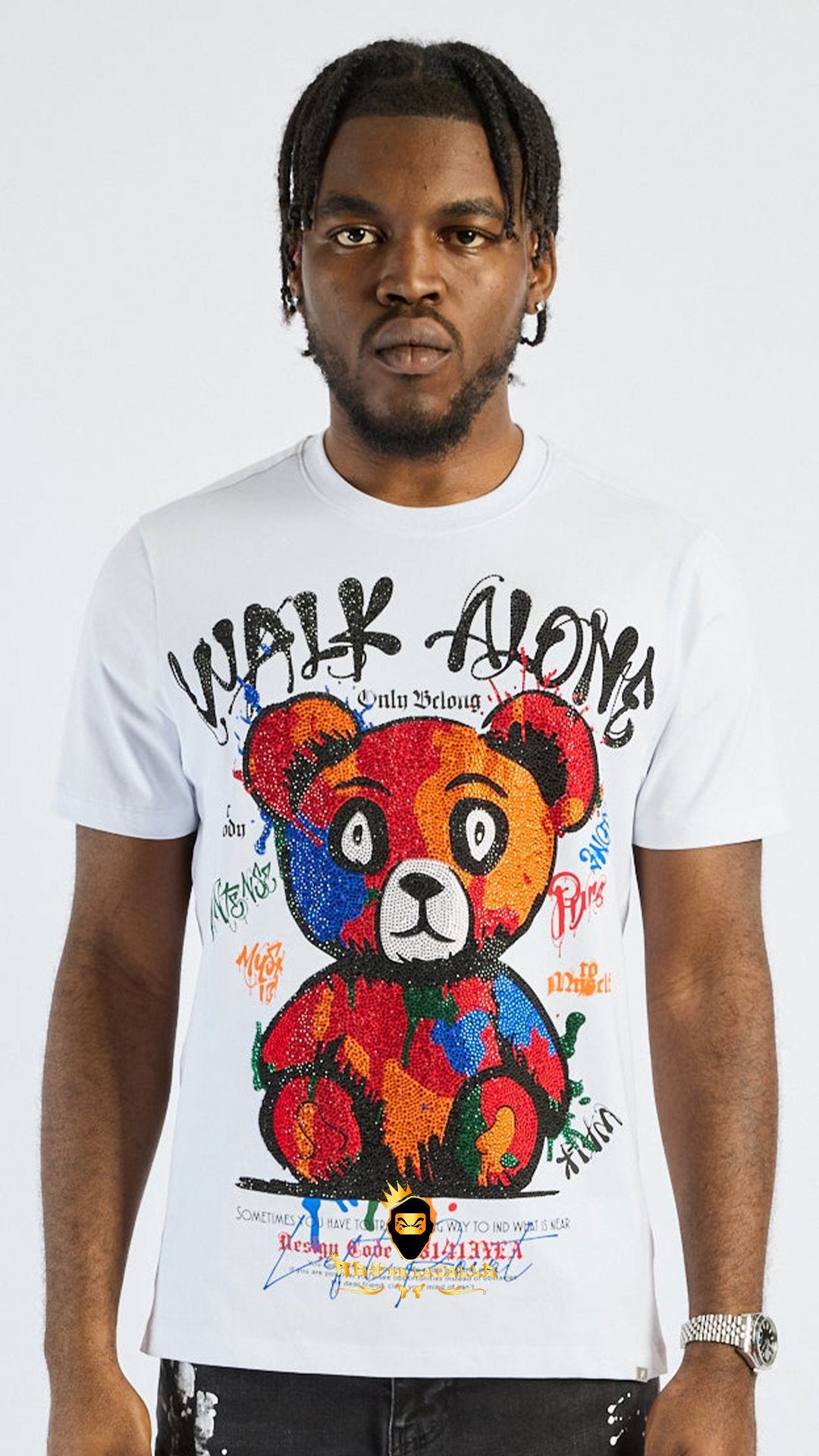 Camiseta Left Point Blanca Pedrería Brillante Oso Walk Alone - Rey De La Calle