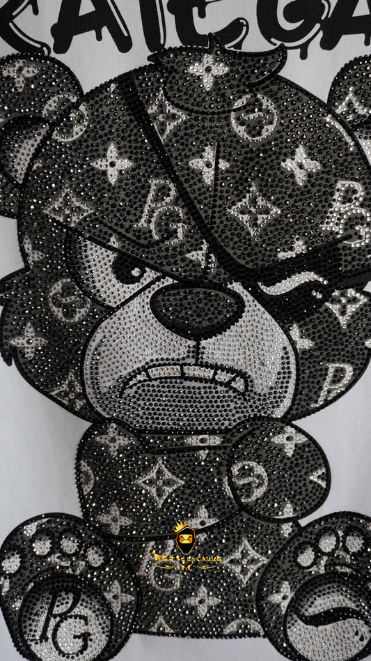 Camiseta Slim Fit Pirate Gang París Blanca Pedrería Brillante Oso Negro - Rey De La Calle