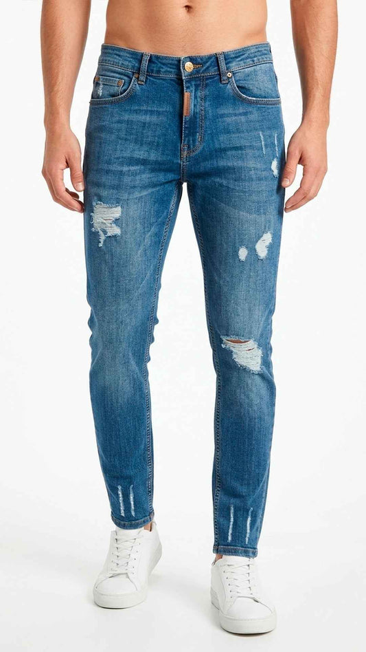 Pantalón Vaquero Azul Oscuro Roto Slim Fit para Hombre – En Oferta