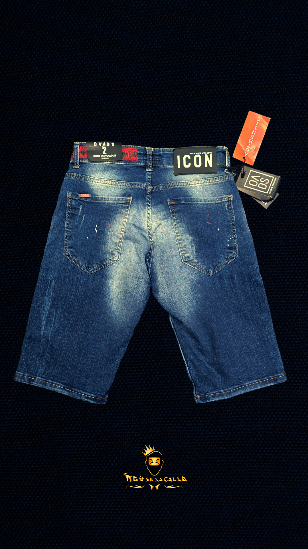 Pantalones Cortos Vaqueros de Lavado Medio con Detalles Rotos, Parche de Hoja y Doble Cadena OVDS