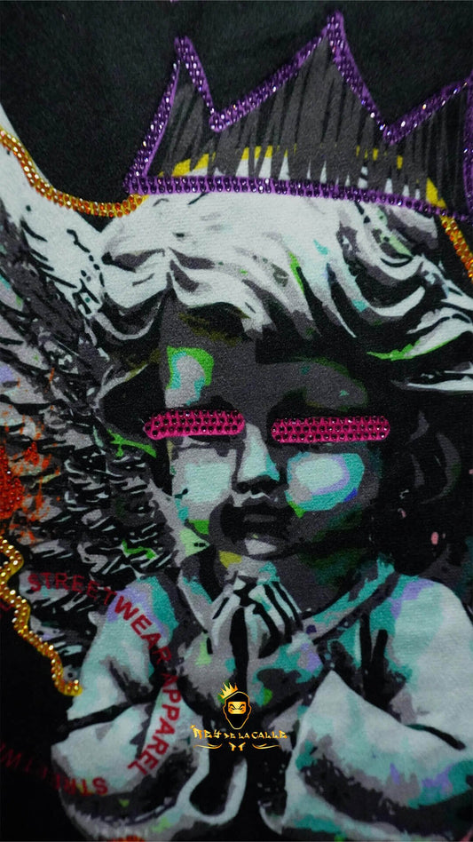 Camiseta Left Point Negra Terciopelo y Pedrería Brillante Street Vibes - Rey De La Calle