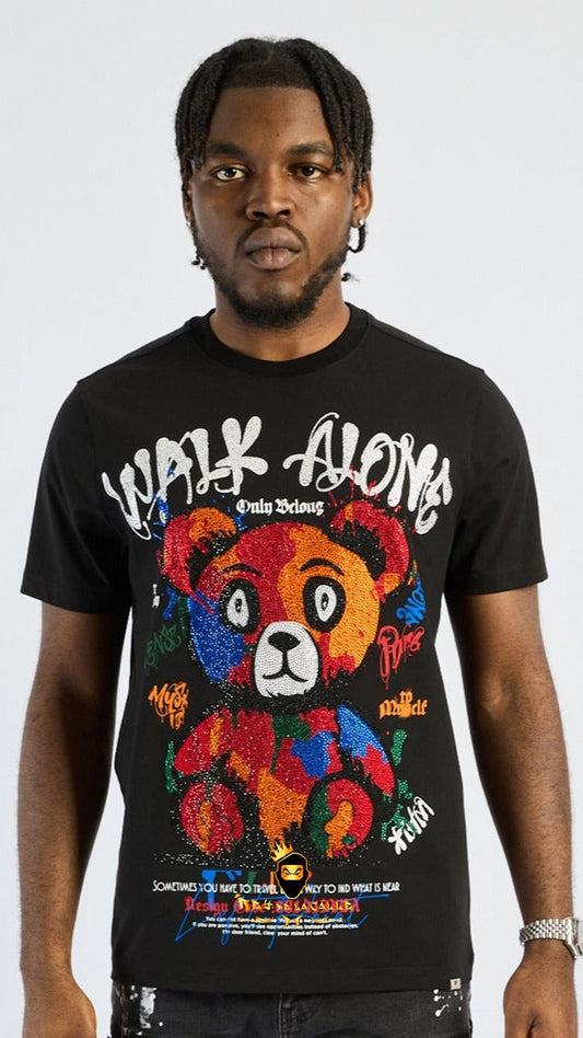Camiseta Left Point Negra Pedrería Brillante Oso Walk Alone - Rey De La Calle