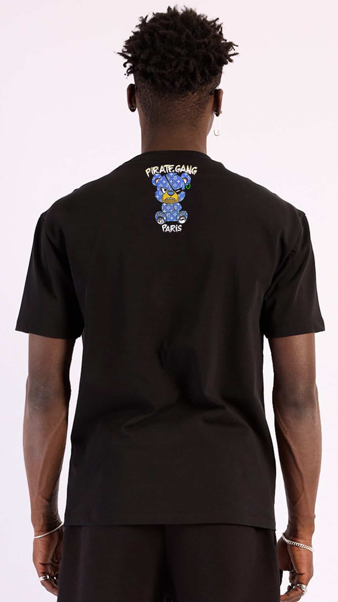 Camiseta Slim Fit Pirate Gang París Negra Pedrería Brillante Oso Azul - Rey De La Calle