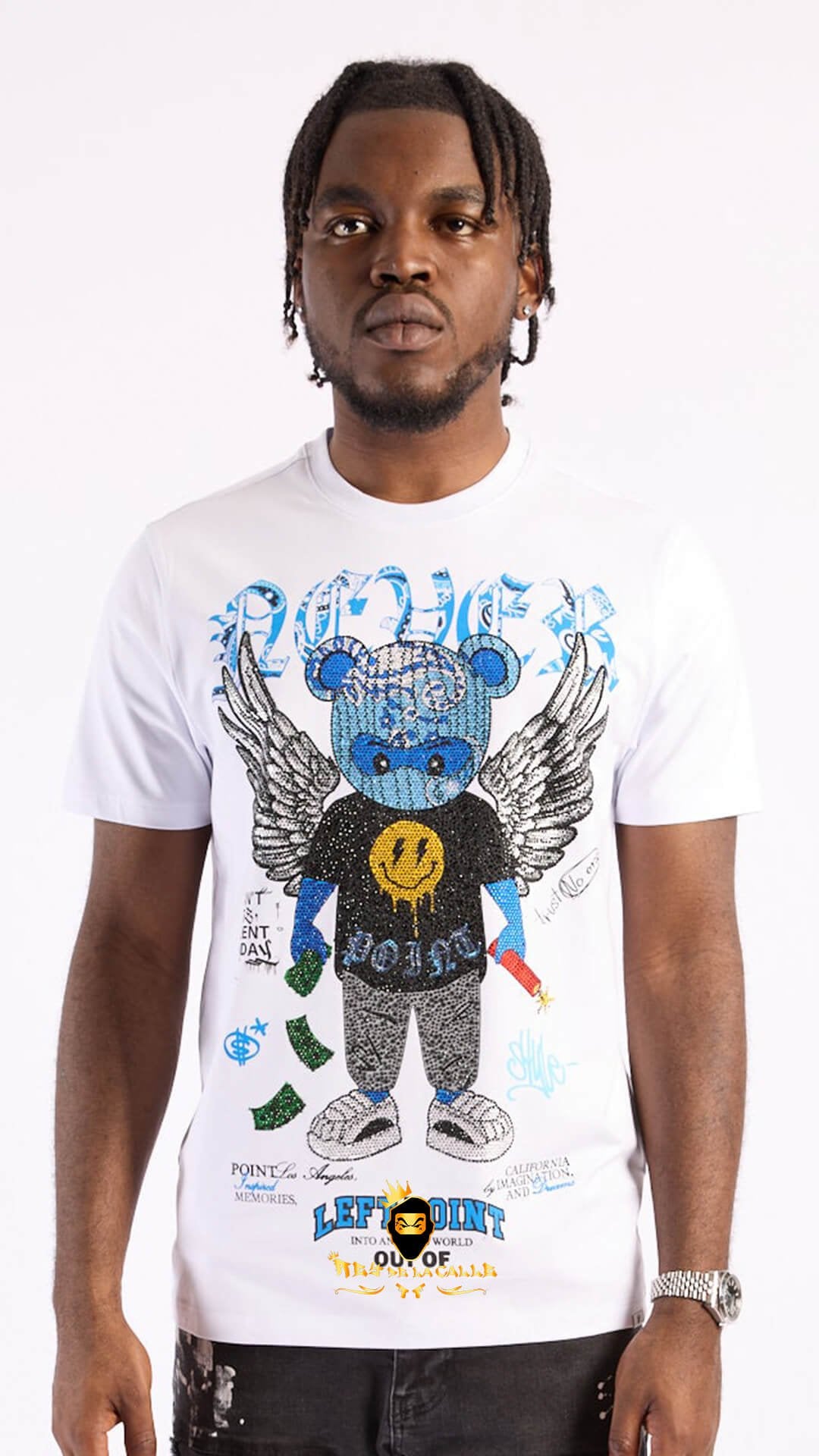 Camiseta Left Point Blanca Pedrería Brillante Oso Ángel Azul - Rey De La Calle