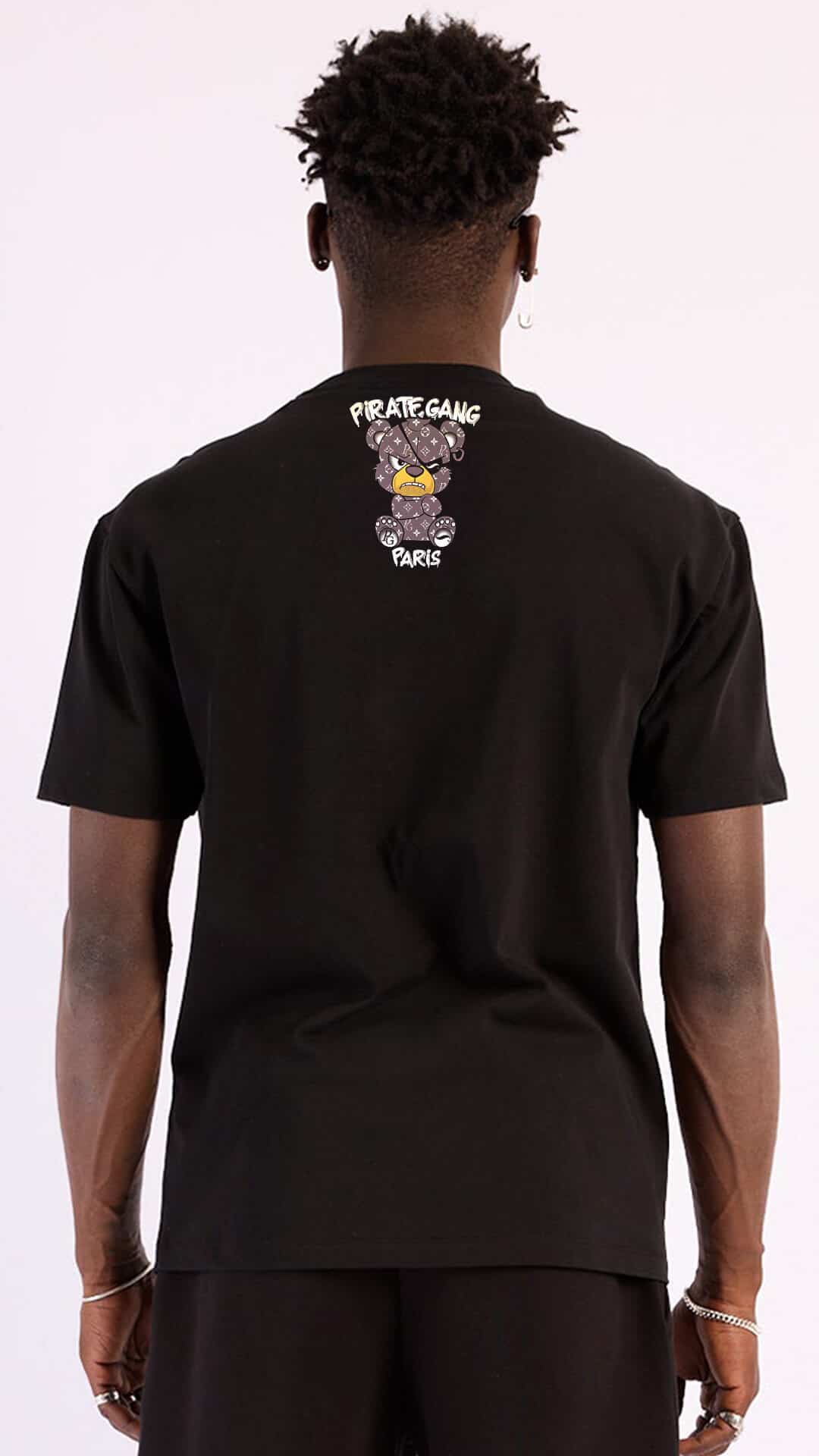 Camiseta Slim Fit Pirate Gang París Negra Pedrería Brillante Oso Negro - Rey De La Calle