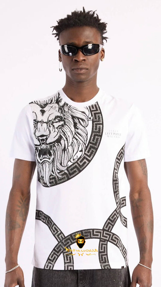 Camiseta Left Point Blanca Pedrería Brillante Circulo León - Rey De La Calle