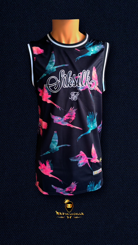 Camiseta Negra Tirantes sin Manga Siksilk Pajaros Rey De La Calle