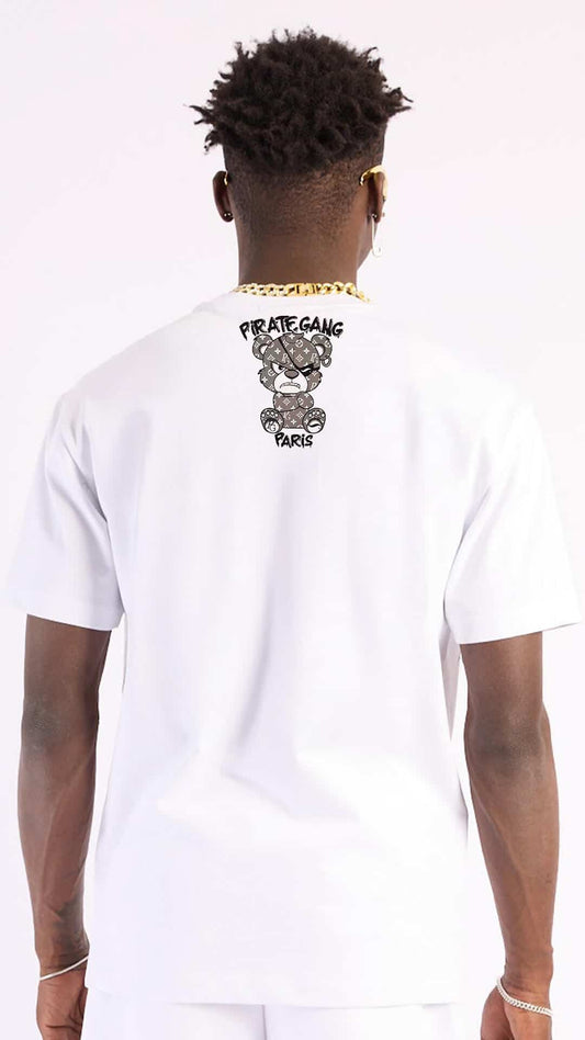 Camiseta Slim Fit Pirate Gang París Blanca Pedreria Brillante Oso Negro