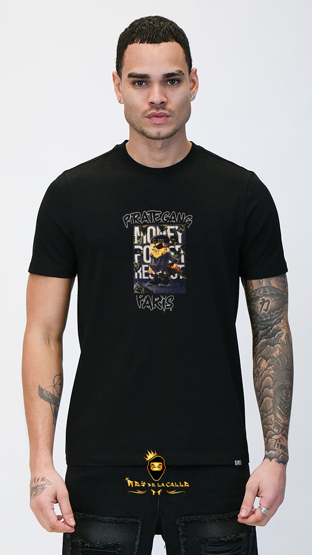 Camiseta Pirate Gang París Negra Terciopelo y Pedrería Brillante Bob Esponja - Rey De La Calle