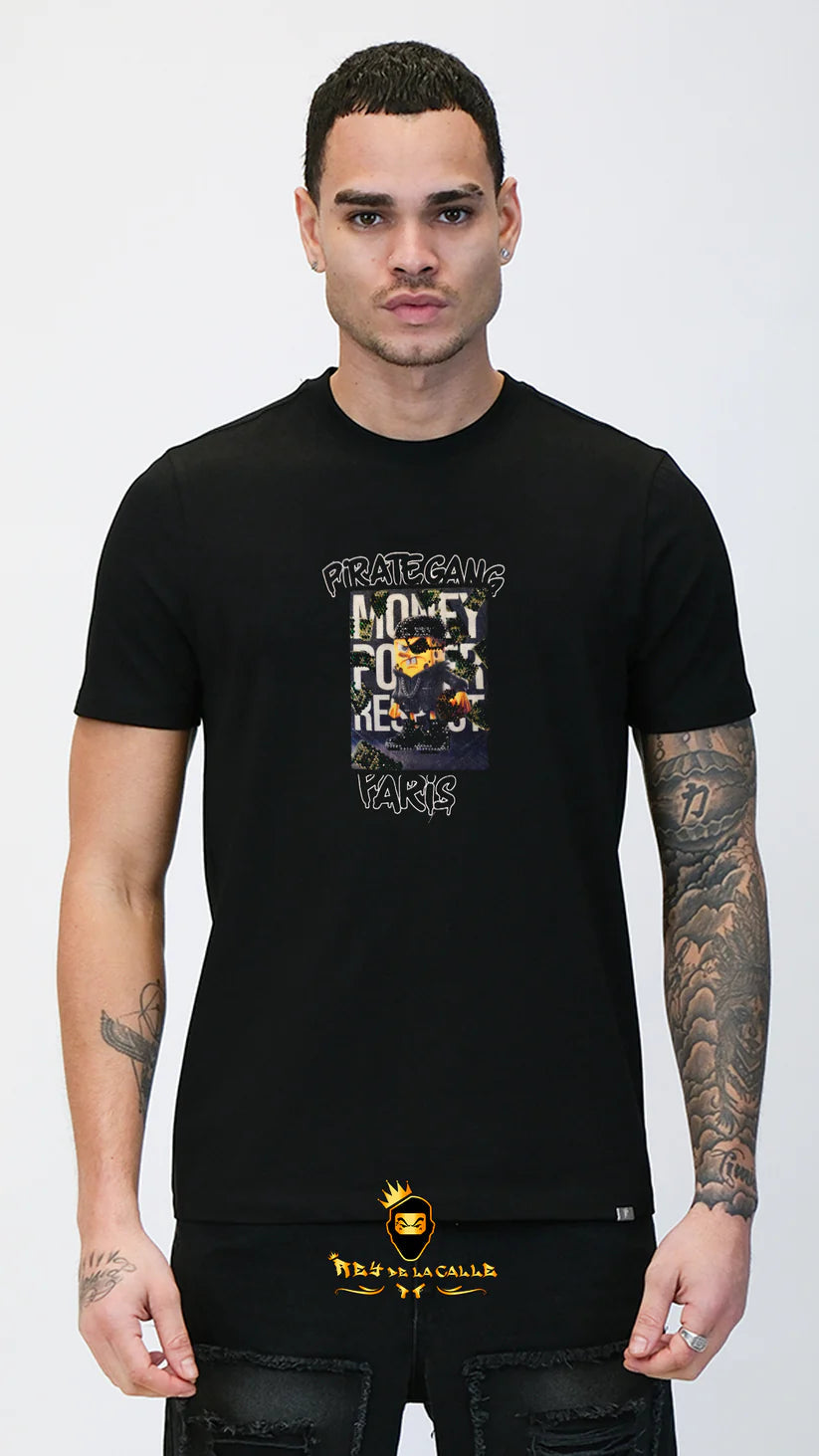 Conjunto. Camisetas o pantalon corto Pirate Gang Paris Negra Terciopelo y Pedrería Brillante Bob Esponja Rey De La Calle