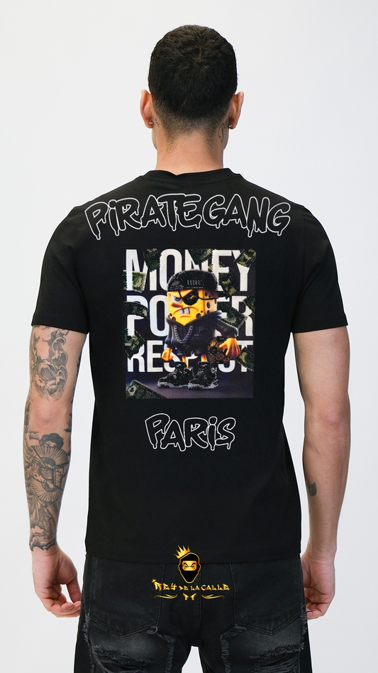 Camiseta Pirate Gang París Negra Terciopelo y Pedrería Brillante Bob Esponja - Rey De La Calle